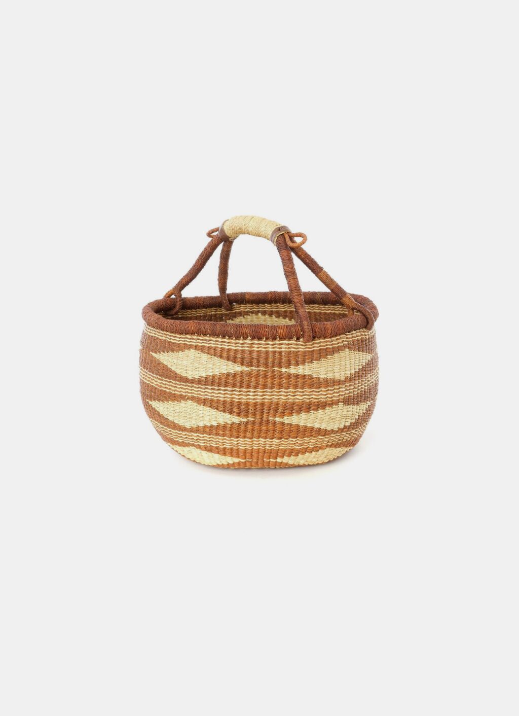 Handwoven African Basket - Bolga - Diamond weaving - Natural and Caramel