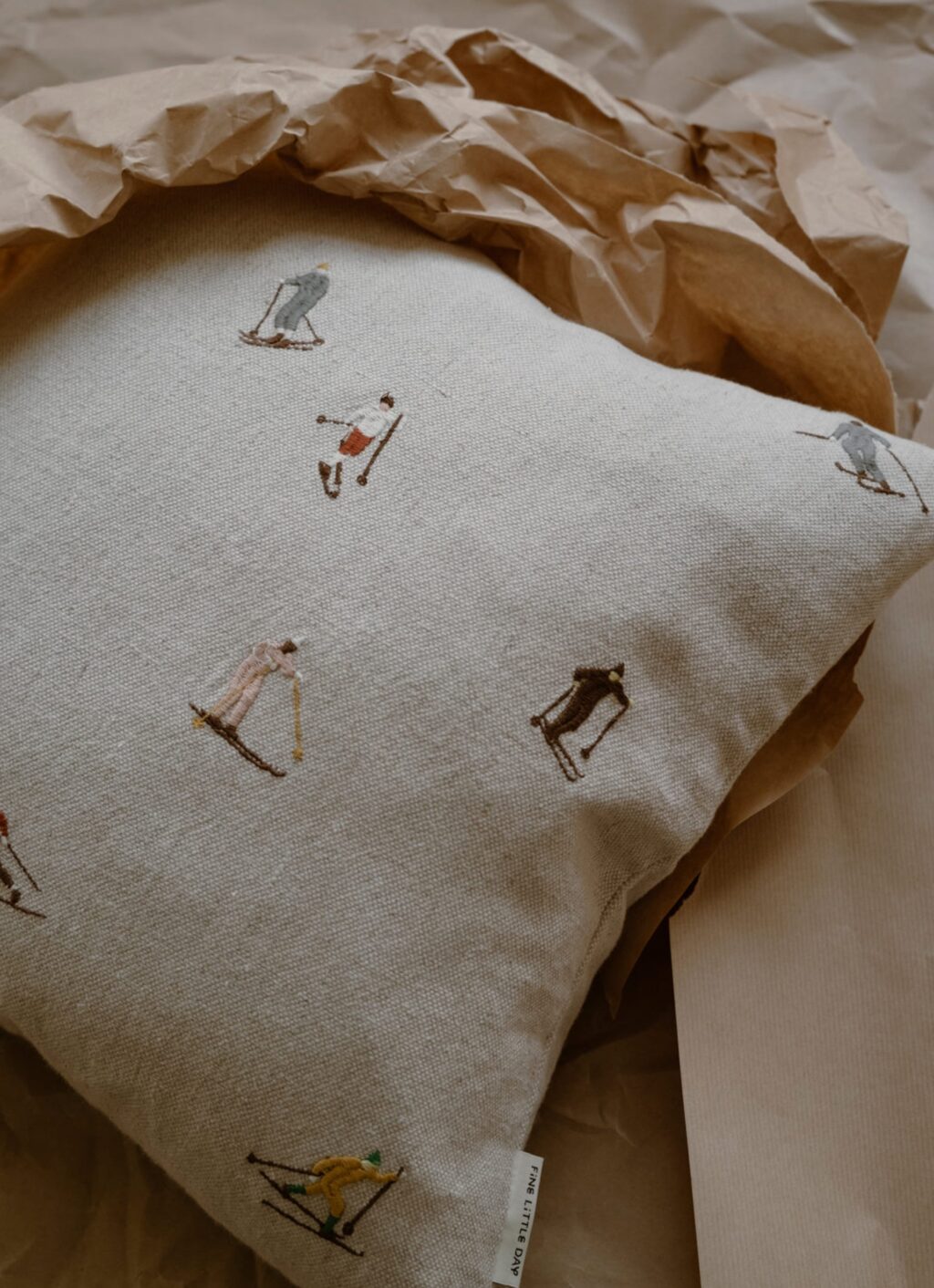Fine Little Day - Embroidered Linen Cushion - Skiers
