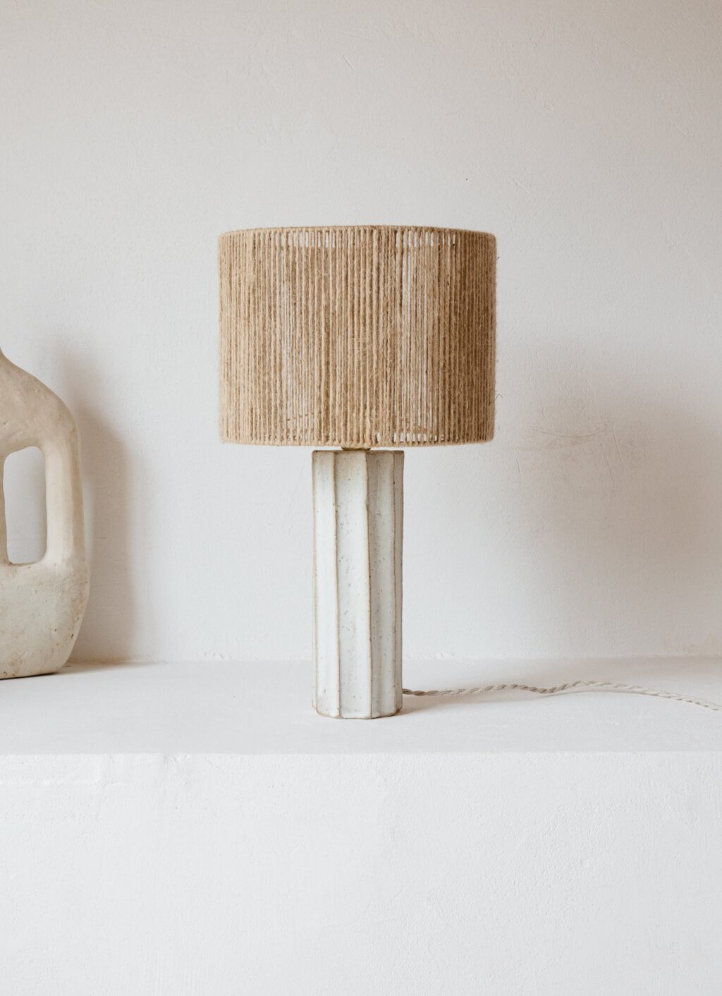 Gres Ceramics - Handmade Stoneware Lamp - Halo - Matt White Glaze and Jute Lampshade