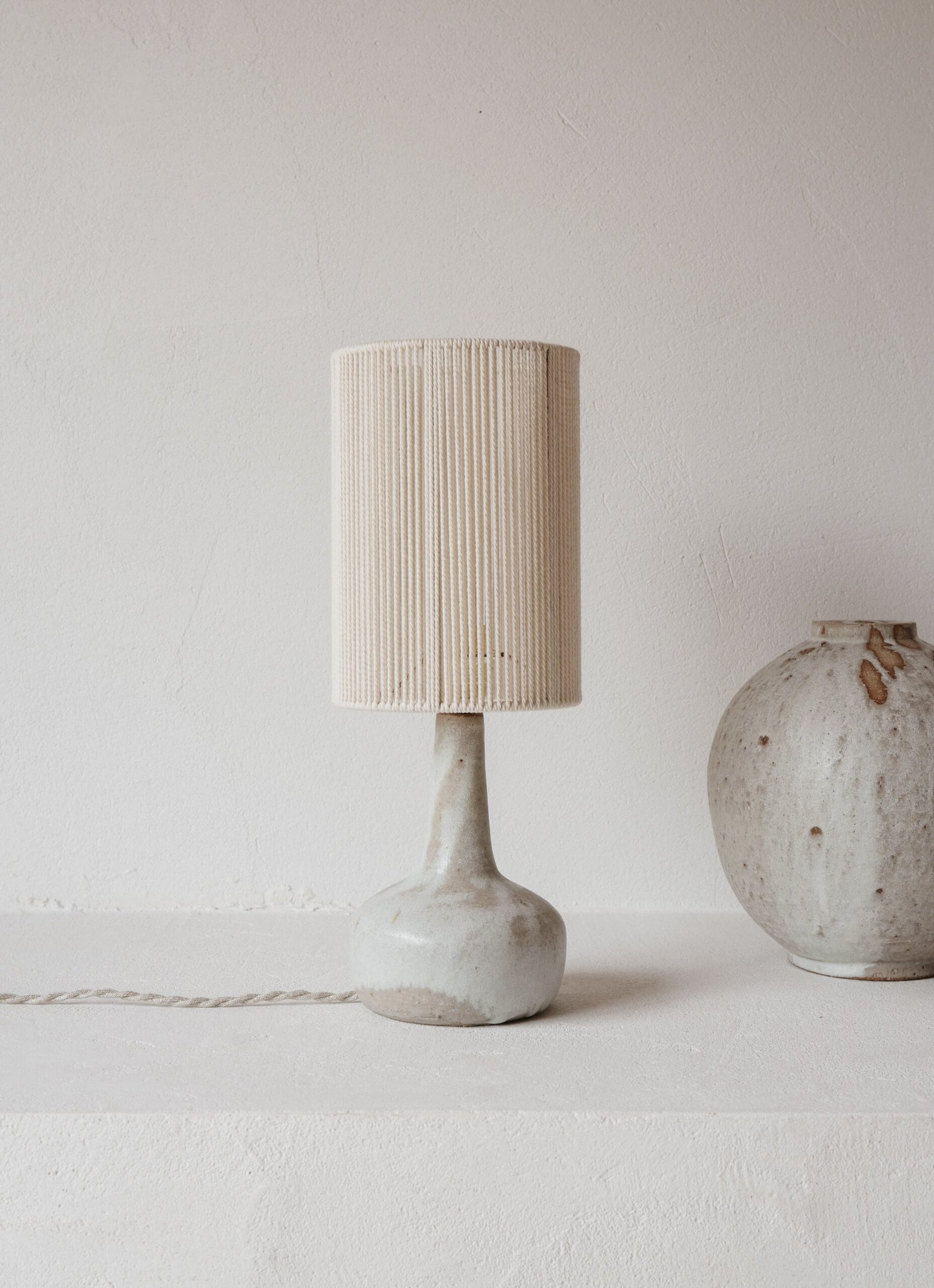Gres Ceramics - Handmade Stoneware Lamp - Lune - Smooth White Glaze and Cotton Lampshade