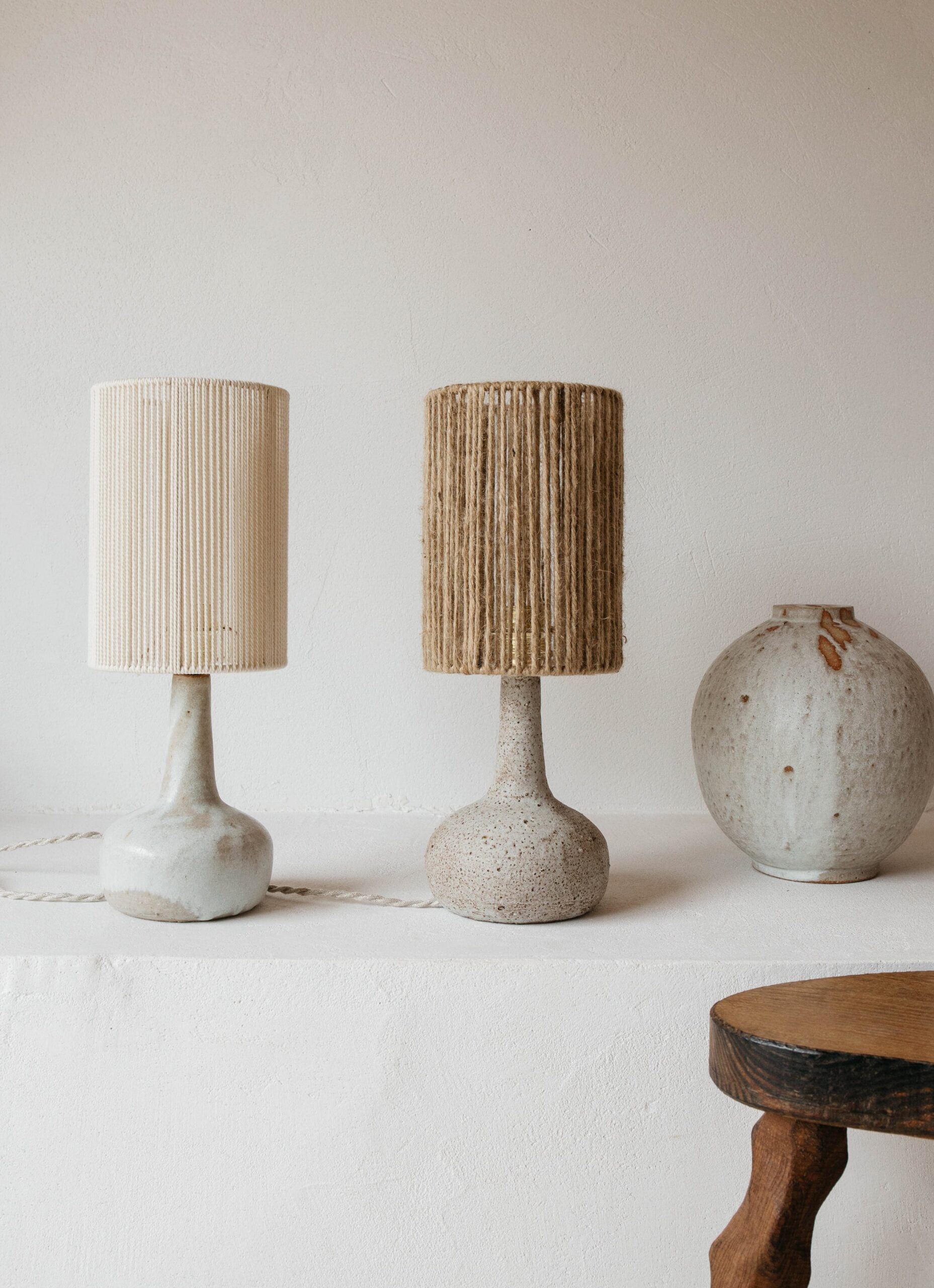 Gres Ceramics - Handmade Stoneware Lamp - Lune - Smooth White Glaze and Jute Lampshade
