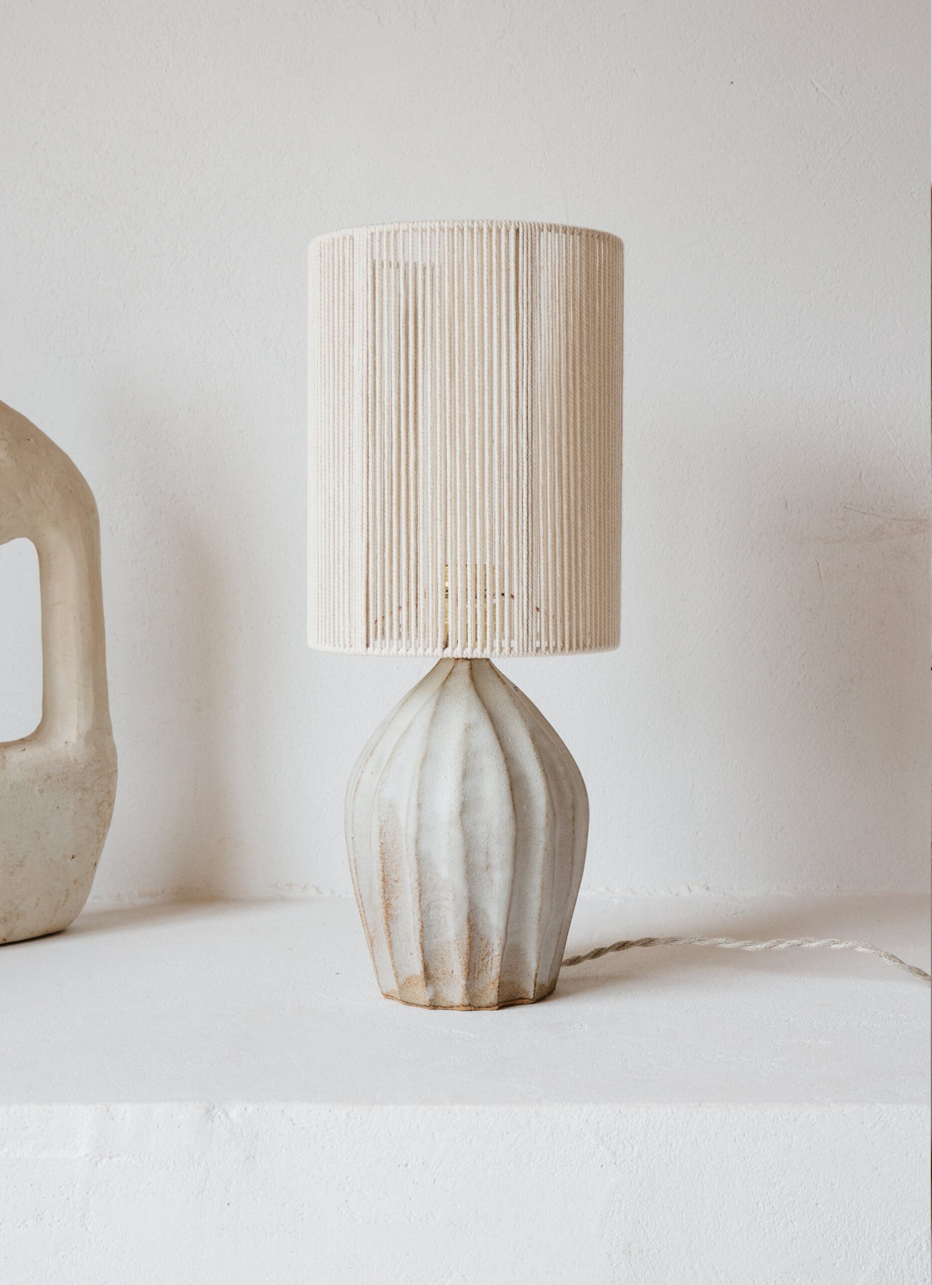 Gres Ceramics - Handmade Stoneware Lamp - Orbe - Smooth White Glaze and Cotton Lampshade