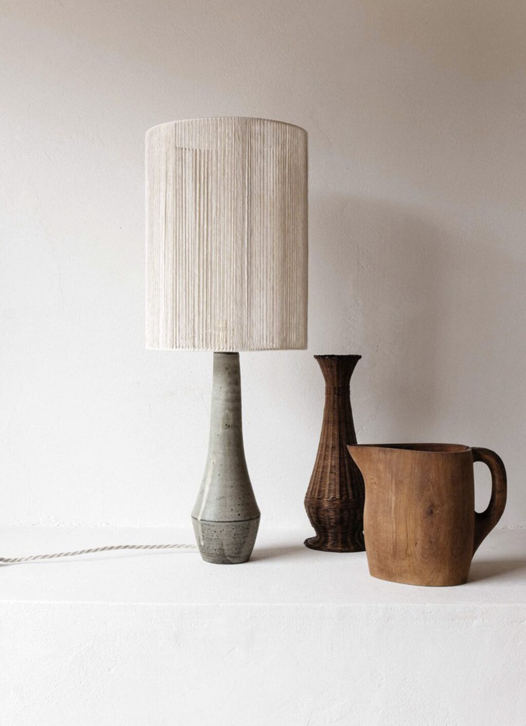 Gres Ceramics - Handmade Stoneware Lamp - Solstice - Speckled Grey Glaze and Cotton Lampshade